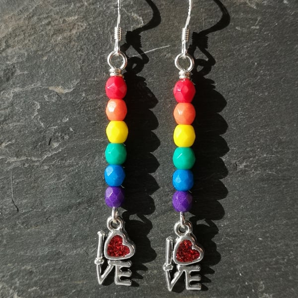 Rainbow Love Is Love earrings with sterling silver ear wires, Pride, LGBTQ 