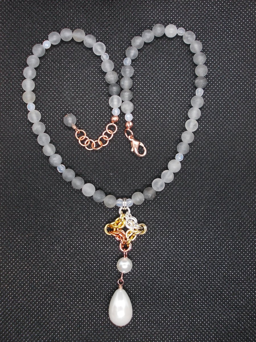 SALE - Cloudy quartz necklace with chainmaille pendant