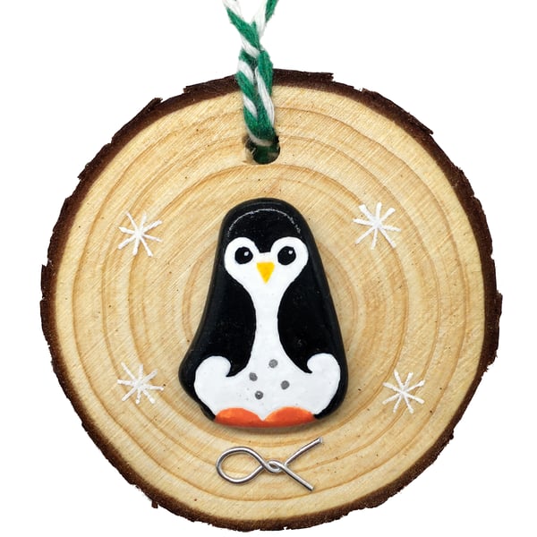 Painted Pebble Penguin Christmas Tree Decorations. Handmade Beach Wooden Bauble