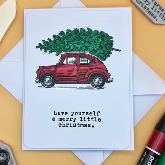 Handmade Christmas Card,  Vintage Car with Tree,  Xmas, Happy Christmas