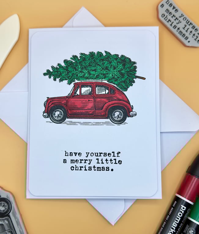 Handmade Christmas Card,  Vintage Car with Tree,  Xmas, Happy Christmas