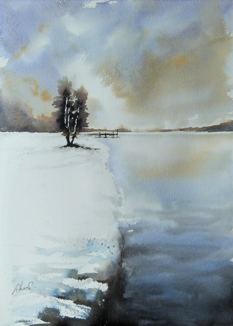 Tree by Lake, Original Watercolour Painting.