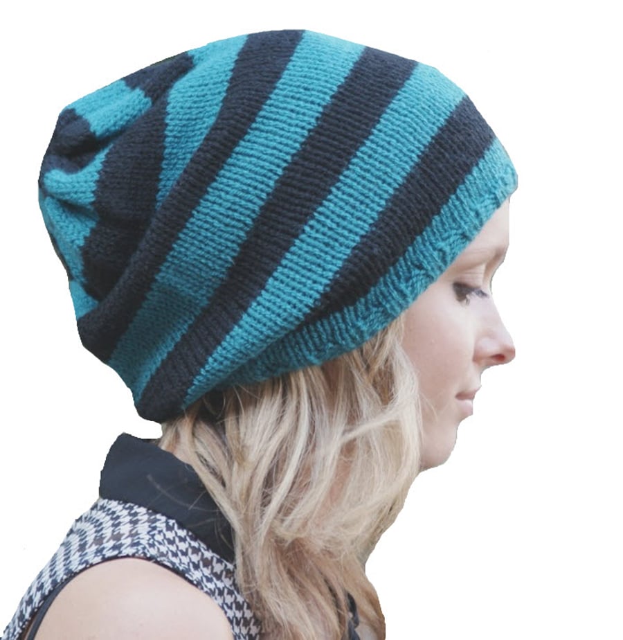 Teal and Black Hand Knitted Slouchy Beanie,Tam ,Dreads Hat