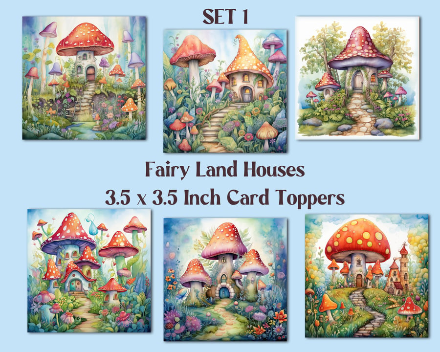 Fairyland Mushroom Houses  Set of 6 Square Card Toppers for Card Making