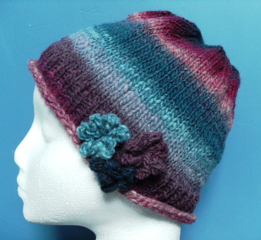 Handknit Noro 3-flowered Roll up Beanie Hat 100% wool Pinks & Blues MED