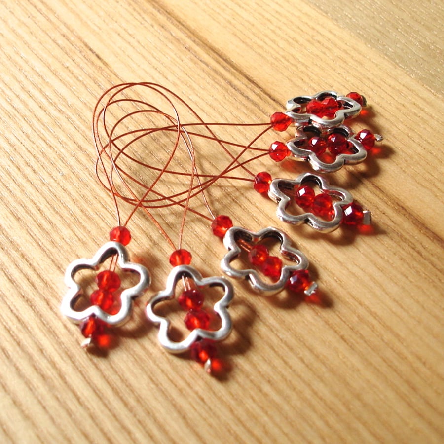 Large Red Crystal Flower Bead Knitting Stitch Markers pack of 6