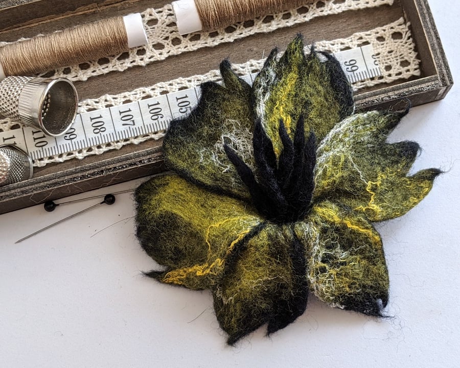 Large felted flower brooch - olive and yellows