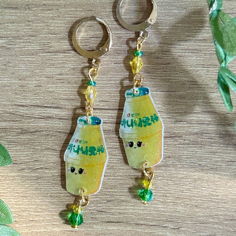 Banana Milk Earrings - Glitter K-Food Dangle Huggie Hoops