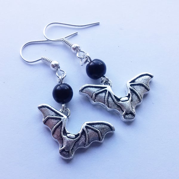 Flying Bat Gothic Earrings Black Glass Bead