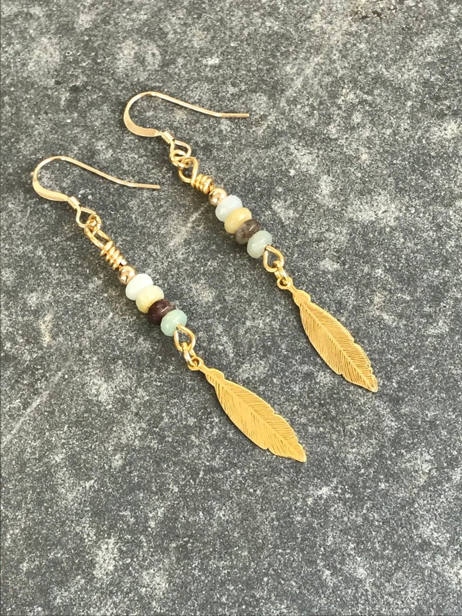 SALE Gold Feather &  Amazonite Boho Dangle Earrings 