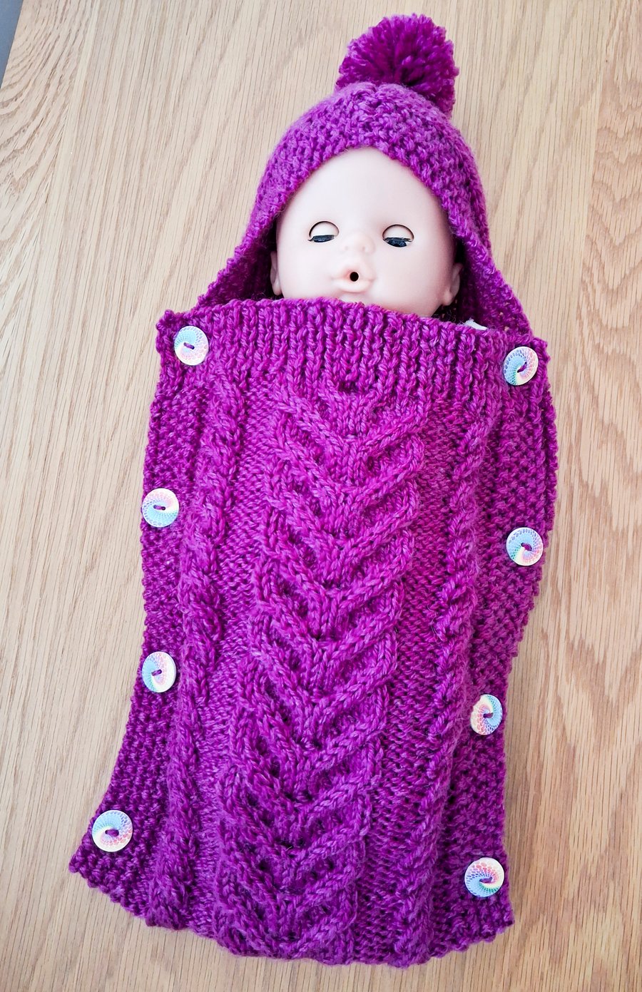 Hand Knitted Deep Pink Doll Cocoon With Buttons (A203)