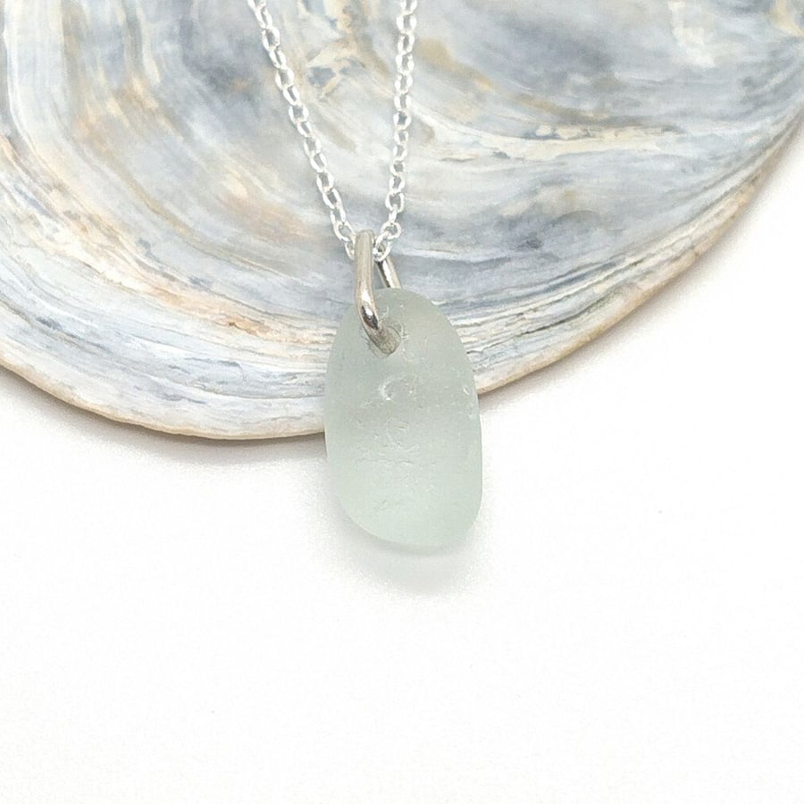 Pale green Sea glass necklace sterling silver