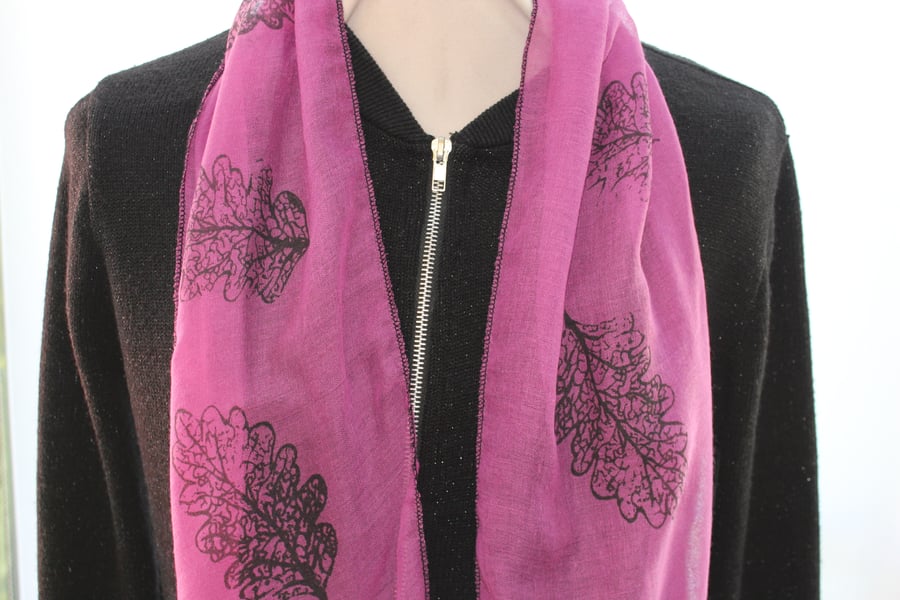   Purple Eco soft cotton scarf,black oak leaf print,upcycled handmade scarf,gift