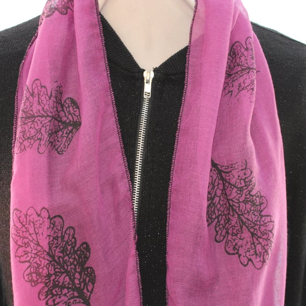   Purple Eco soft cotton scarf,black oak leaf print,upcycled handmade scarf,gift