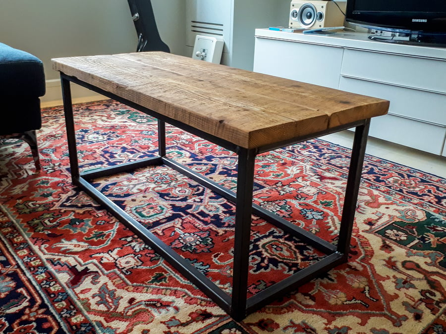 Coffee Table with Square Steel Box Section Legs & Reclaimed Scaffold Board Top