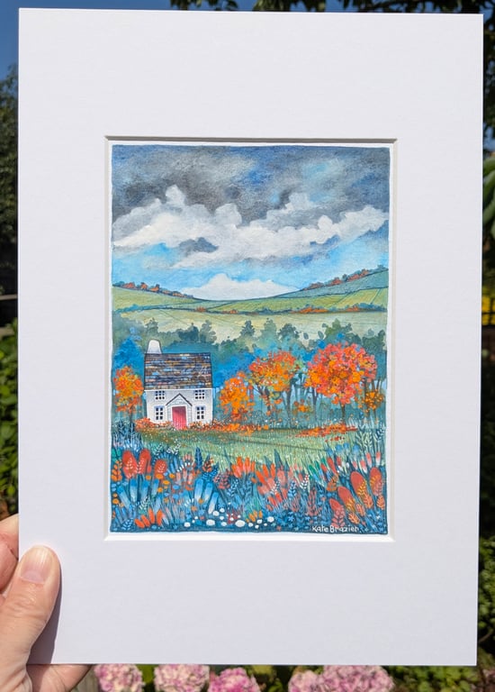 Russet Cottage - Mixed media. Colourful. Unique. Floral. Mounted
