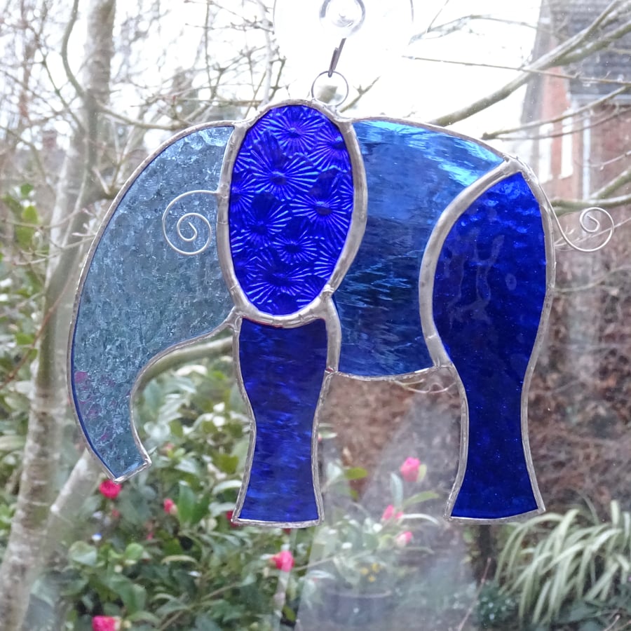 Stained Glass Large Elephant Suncatcher - Handmade Hanging Decoration - Blue 