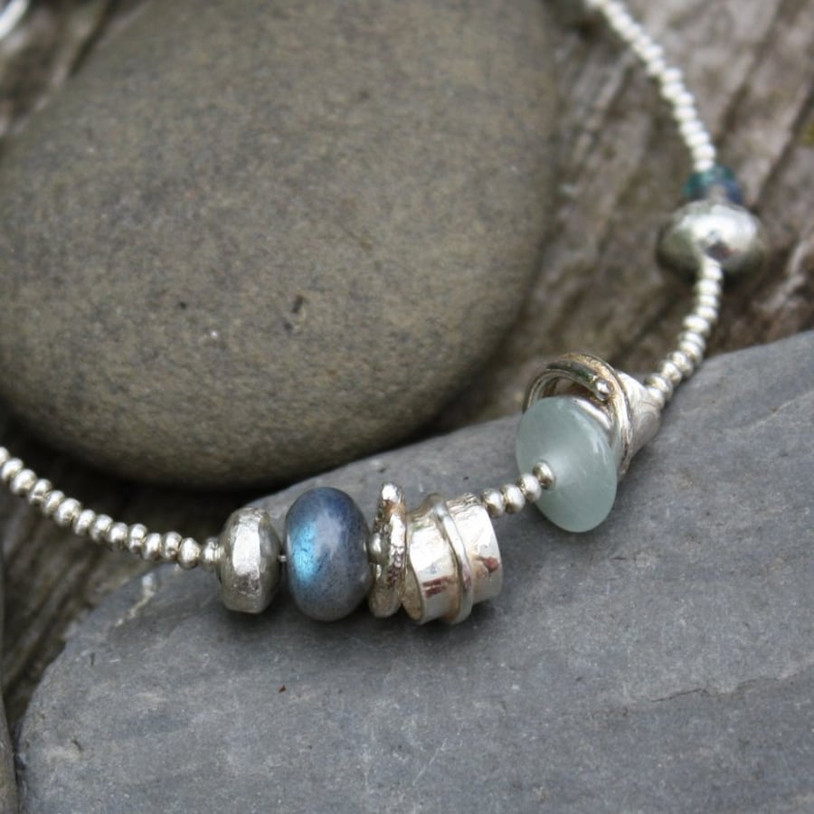 Sterling silver labradorite ,aquamarine and apatite  bracelet