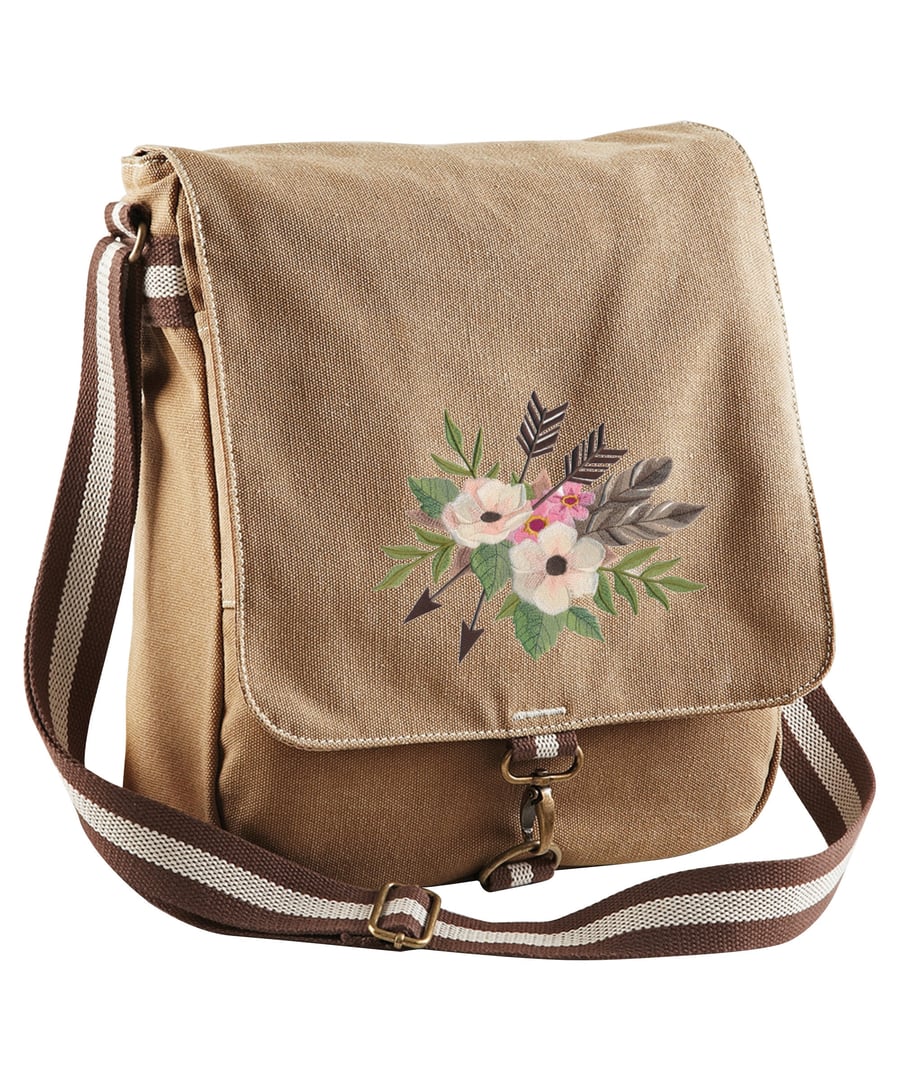 Floral Arrows Embroidered Canvas Field Bag