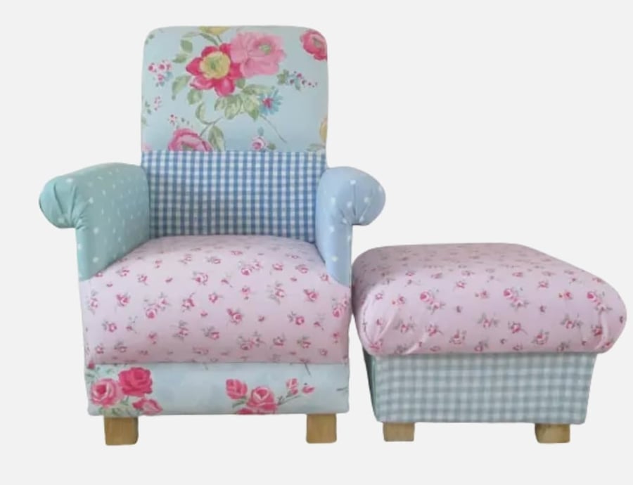 Laura Ashley Patchwork Fabrics Chair & Footstool Shabby Chic Roses Gingham New