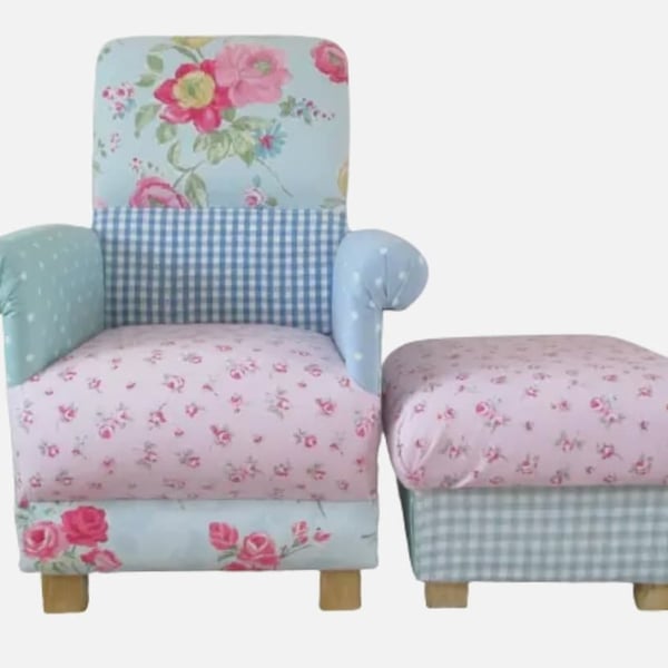 Laura Ashley Patchwork Fabrics Chair & Footstool Shabby Chic Roses Gingham New