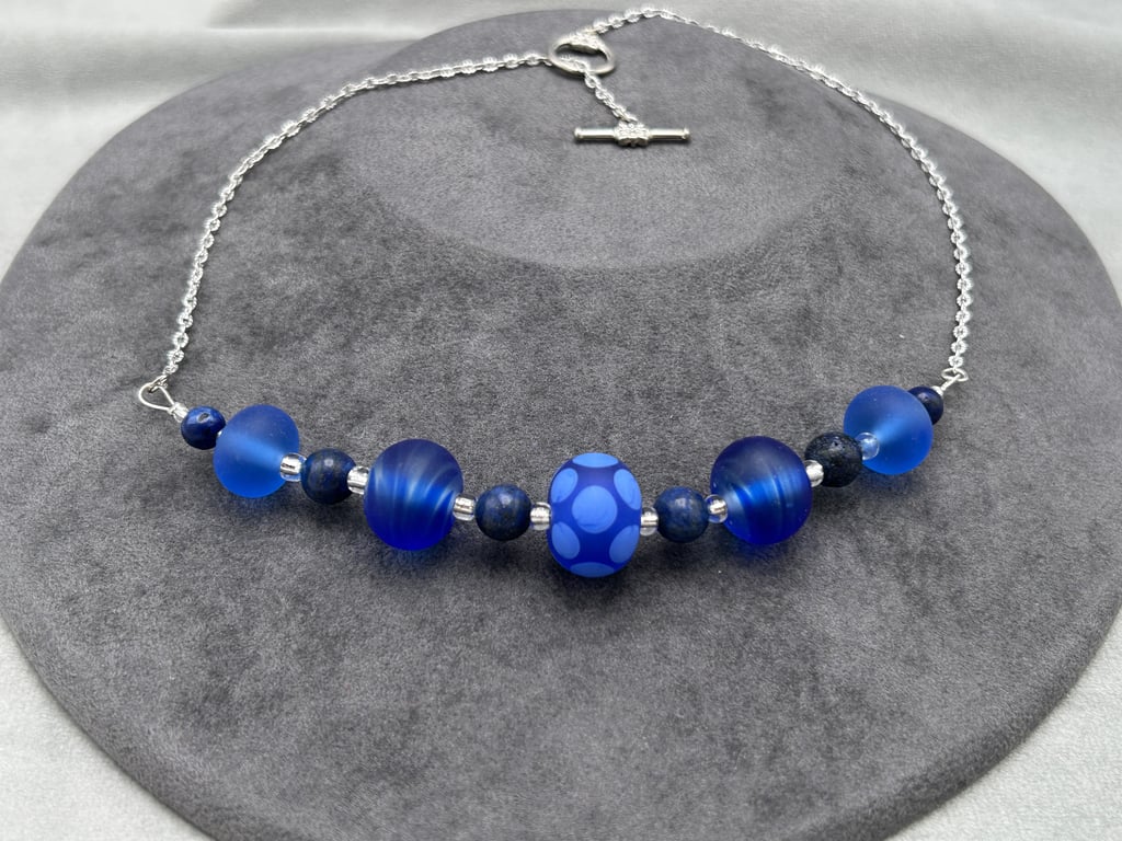 blue spotty and swirled seaglass effect lampwork beaded necklace