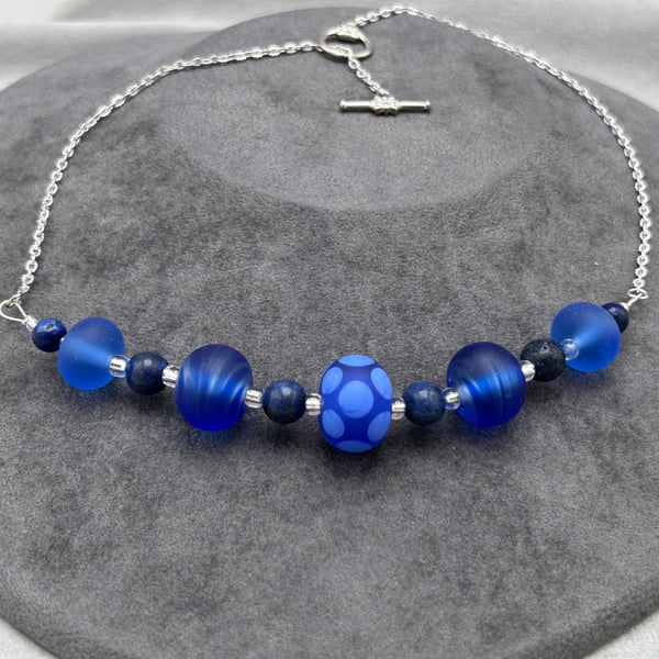 blue spotty and swirled seaglass effect lampwork beaded necklace