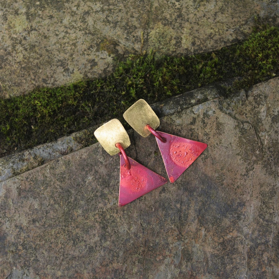  Brass Square and Red Copper Triangle  Dangle   Earrings