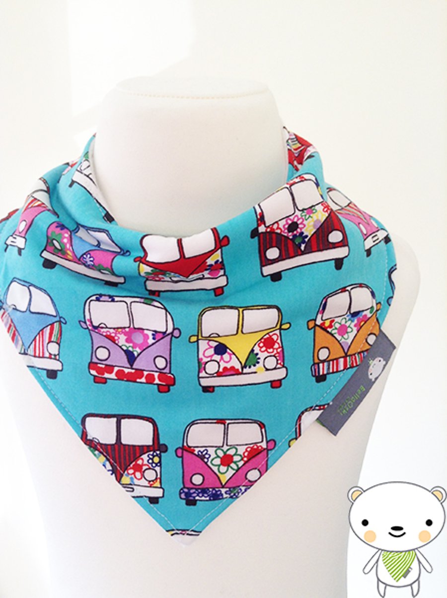 Handmade Quality Baby Bandana Dribble Bib with Pretty TURQUOISE CAMPERVAN Fabric