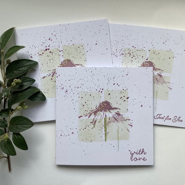 GREETINGS cards, notecards , (pack of 3 ,mixed greetings ) . ' Echinacea '