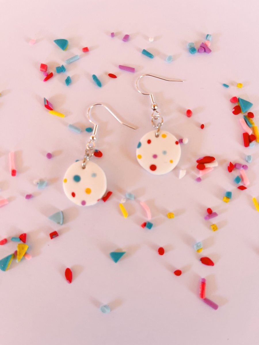 Polymer clay hoop earrings, confetti polka dot design