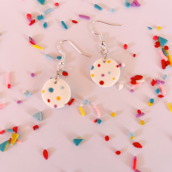 Polymer clay hoop earrings, confetti polka dot design