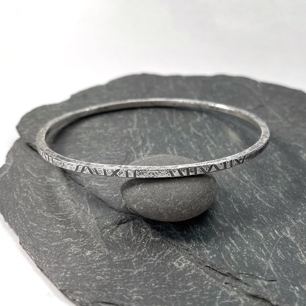 Silver Bangle, patterned oval bangle