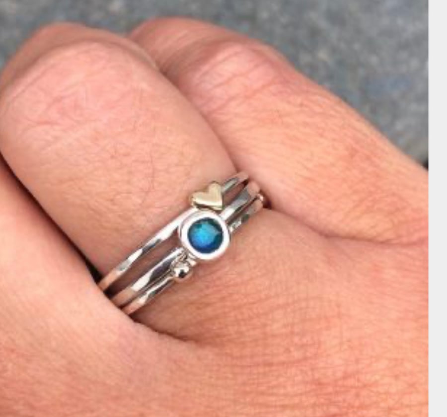 Little Rock Pool Stack Ring, silver stack ring, enamel ring, gold heart ring, 