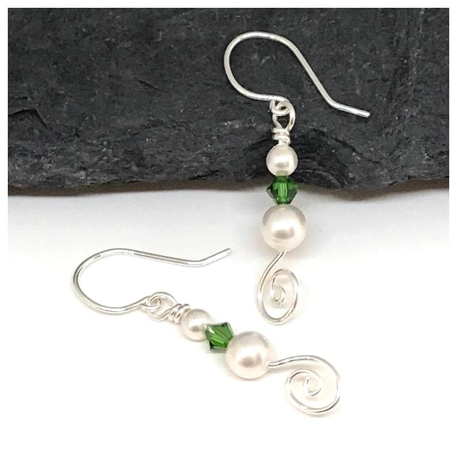 Sterling Silver, Pearl and Green Crystal, Drop Earrings, Gift For Her,   