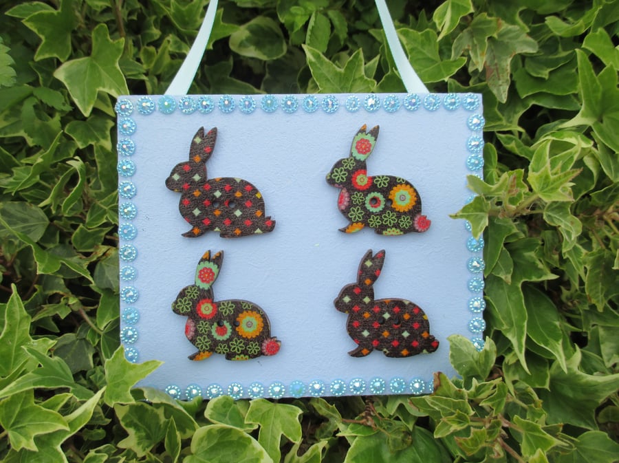 Bunny Rabbit Button Wooden Hanging Decoration Twinkly Sparkly Blue
