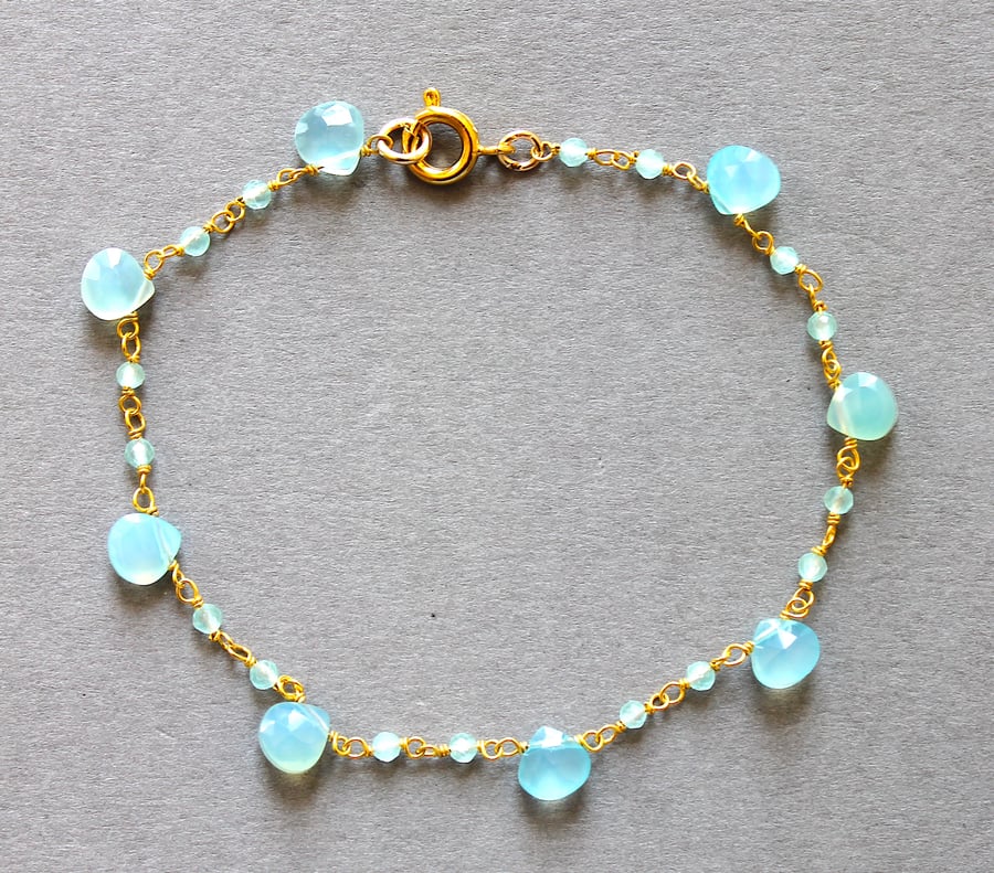 Gold & aqua chalcedony teardrop bracelet