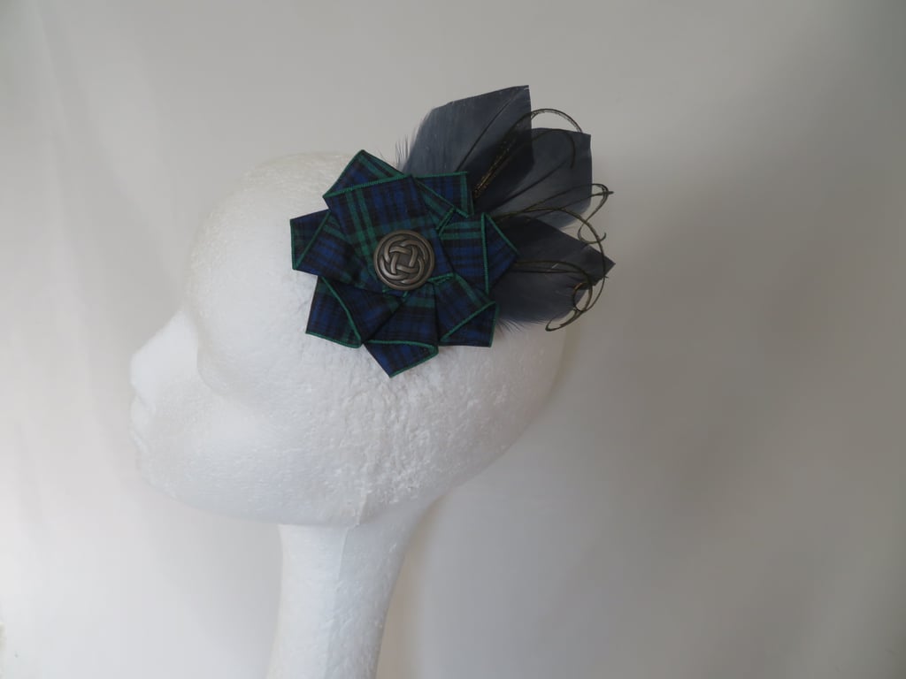 Black Watch Tartan Ruffle Celtic Button and Navy Blue Feather Hair or Hat Clip