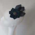 Black Watch Tartan Ruffle Celtic Button and Navy Blue Feather Hair or Hat Clip