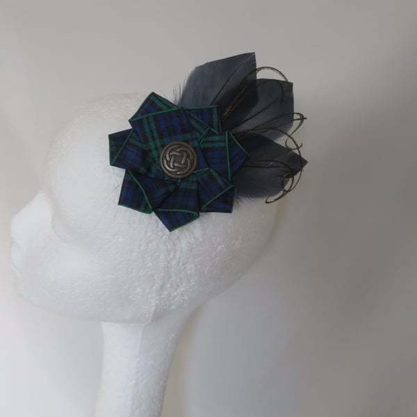 Black Watch Tartan Ruffle Celtic Button and Navy Blue Feather Hair or Hat Clip