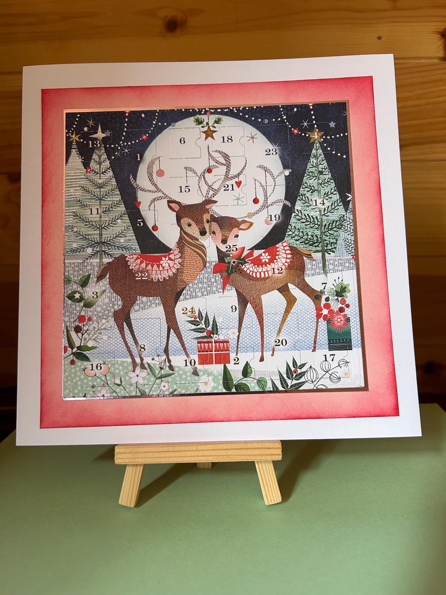 Reindeer Advent Calendar Card Handmade, Rudolph, 8 square card traditional adven