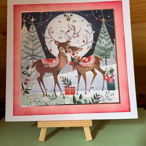 Reindeer Advent Calendar Card Handmade, Rudolph, 8 square card traditional adven