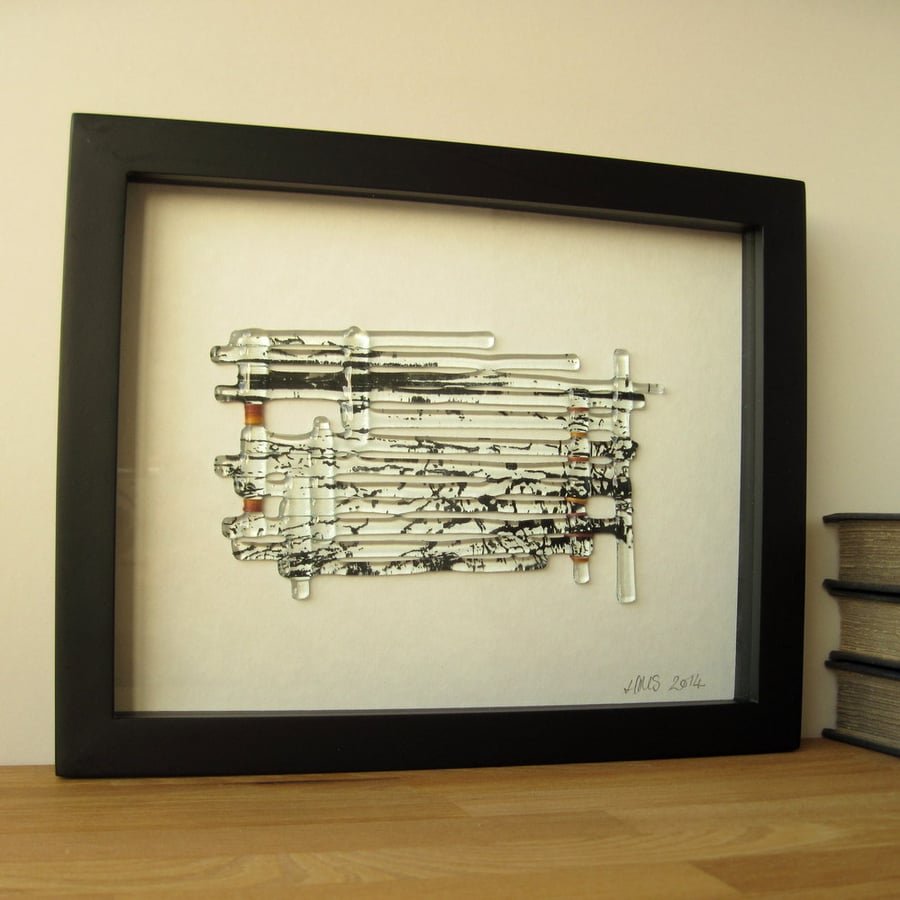 Fragile Shore Sea View, original fused glass and stitch artwork, black frame