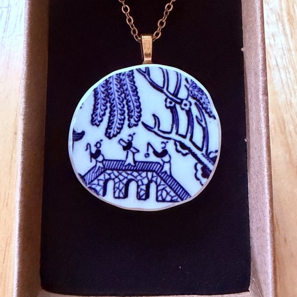 Upcycled bone china necklace blue willow pattern