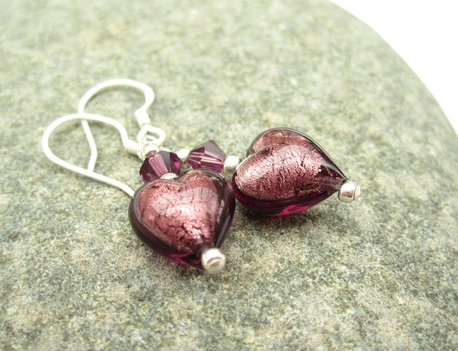 Purple Heart venetian murano glass, Swarovski crystal and Silver Earrings