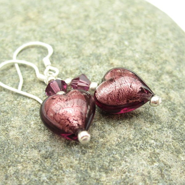 Purple Heart venetian murano glass, Swarovski crystal and Silver Earrings