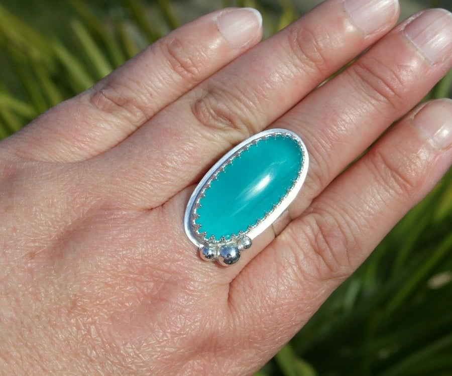 Large Oval Ice Amazonite Adjustable Statement Ring in .925 Sterling Silver