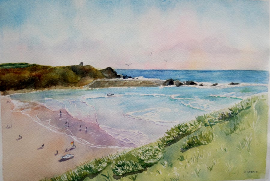 Summerleaze Beach Bude Cornwall original watercolour painting A3 size unmounted