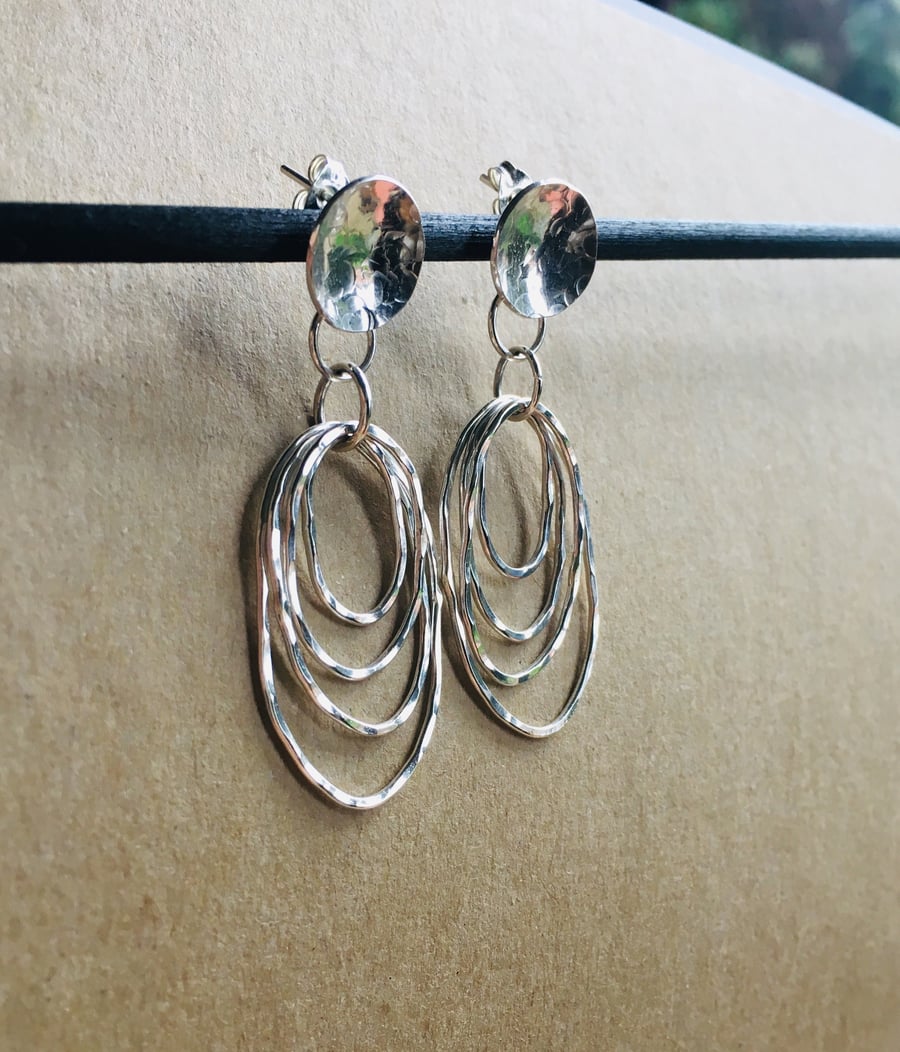 Silver Oval Drop Earrings, Multiple Hammered Shiny Hoops and Disc