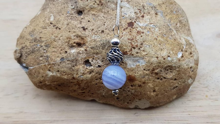Small Blue lace agate pendant necklace. Pisces jewellery